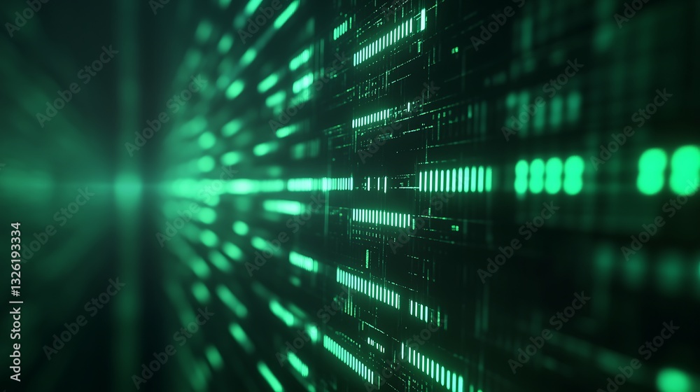 Poster futuristic digital data stream in green with glowing elements creating a high-tech visual experience