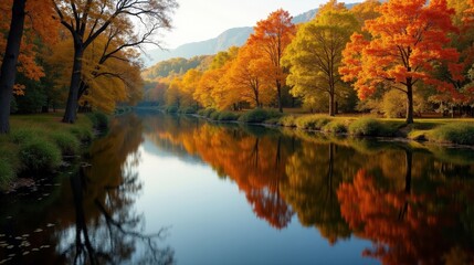 Fototapeta premium A peaceful river meanders through a valley, its calm waters reflecting the vibrant autumn foliage, golden and crimson leaves creating a mesmerizing seasonal scene.