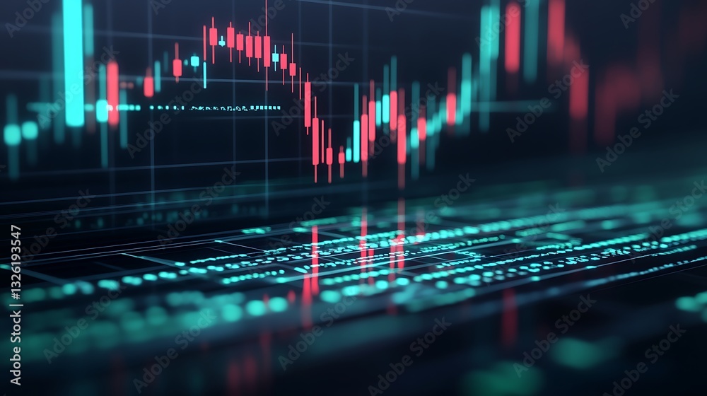 Poster futuristic digital financial chart visualization with colorful graph elements and data metrics displ