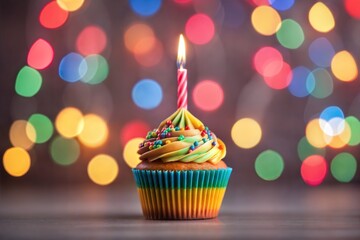 Delicious birthday cupcake with a burning candle and space for text against a background of blurred lights