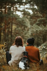 Fototapeta premium A couple sits together on a log in the woods, surrounded by nature, accompanied by their loyal dog