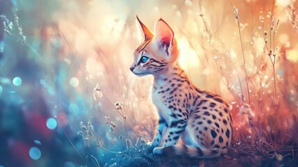 Fototapeta premium A small spotted feline sits in a field of tall grass