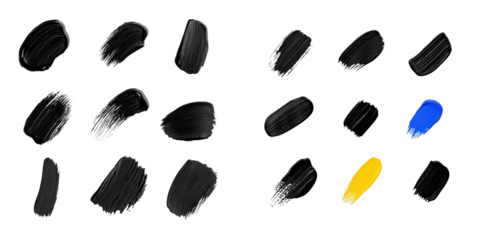 A collection of artistic brush strokes in various shades of black, with a few strokes in blue and yellow, showcasing texture and color contrast.