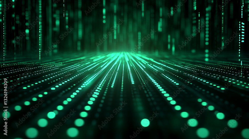 Poster futuristic green matrix background with glowing lines and dots creating a digital atmosphere and dep