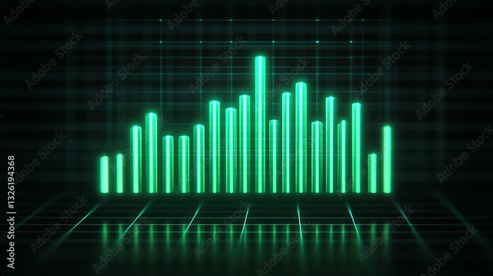 Poster futuristic green neon bar graph displaying data trends on a digital background with grid patterns