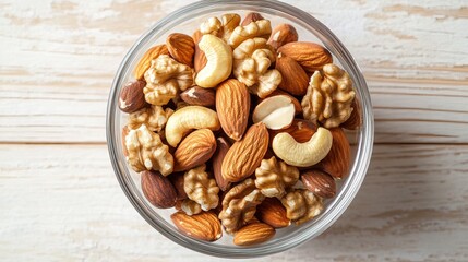 Organic Mixed Nuts in a Clear Glass Bowl on Light Wooden Surface with Natural Light Highlighting Rich Textures and Colors.