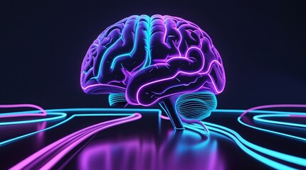 Surreal neon brain with glowing light trails, futuristic digital art