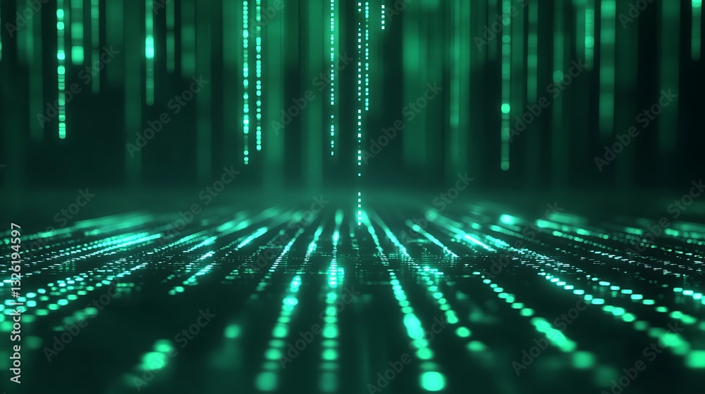 Poster glowing green matrix background with vertical lines and points of light creating a digital aesthetic