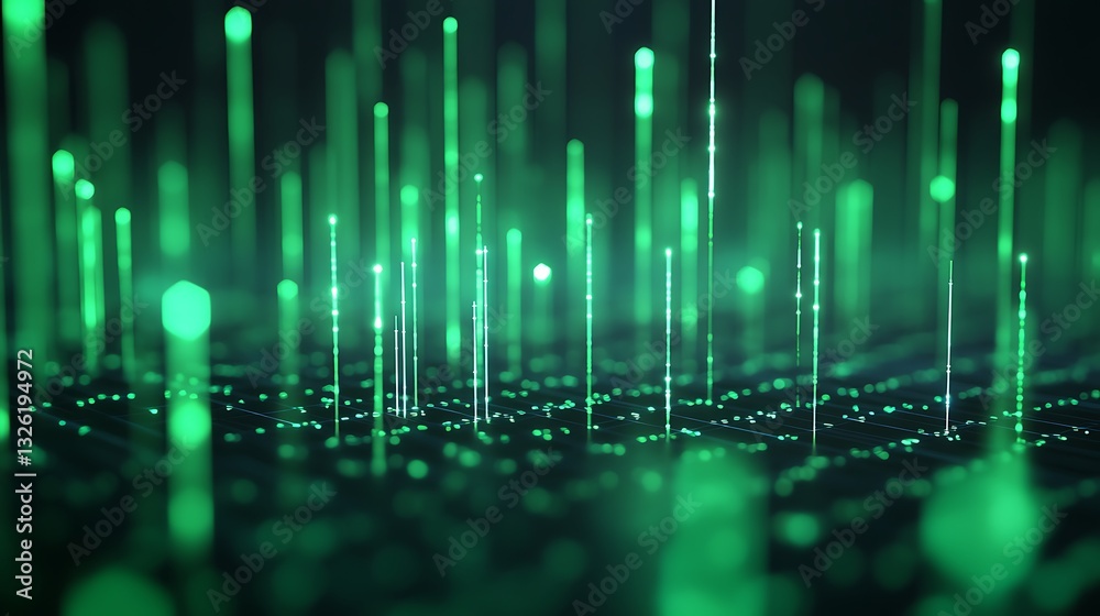 Poster green abstract light structures with vertical lines and dots creating a futuristic technology backgr