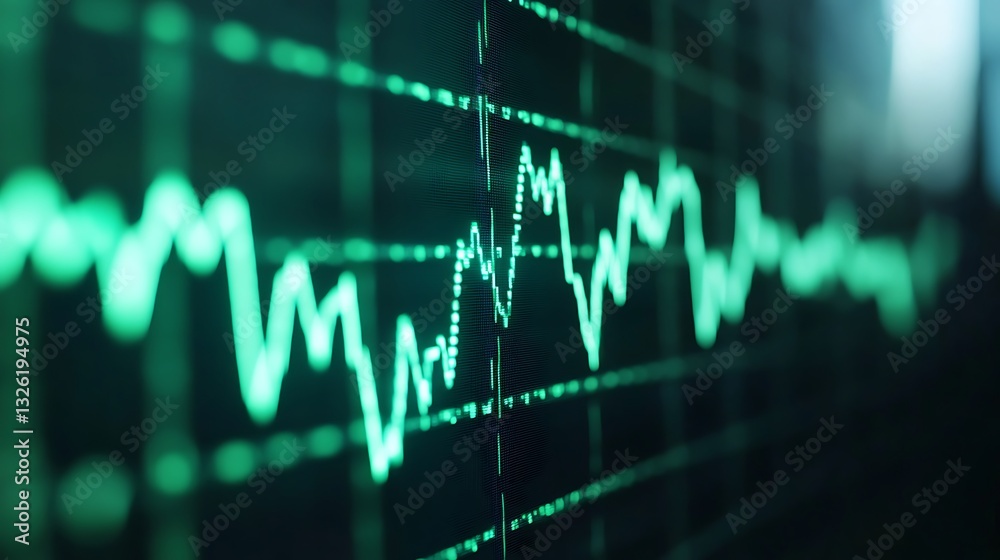 Poster green abstract graphical representation of data trends with fluctuating waveform patterns on a digit