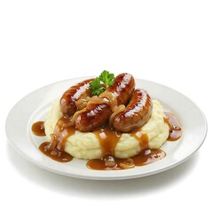 Naklejka premium bangers and mash with golden sausages atop creamy mashed potatoes, smothered in onion gravy,