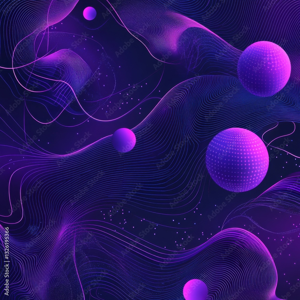 Poster abstract neon waves and spheres: a futuristic design with glowing lines and vibrant colors