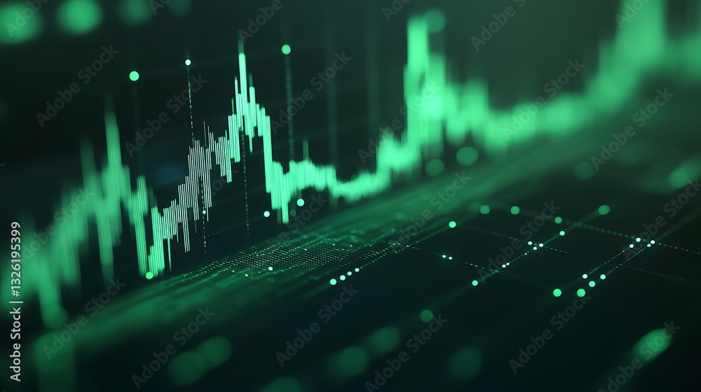 Poster green digital financial graph with abstract data visualization and geometric patterns in modern tech