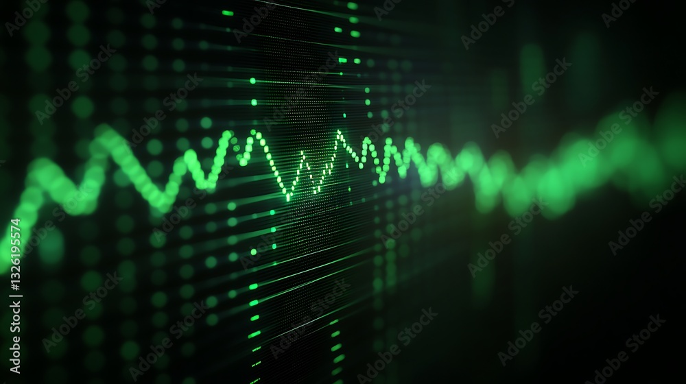 Poster green digital wave patterns and abstract line design representing sound and data visualization in te