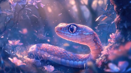 Fototapeta premium A beautiful snake with big eyes in a colorful forest setting