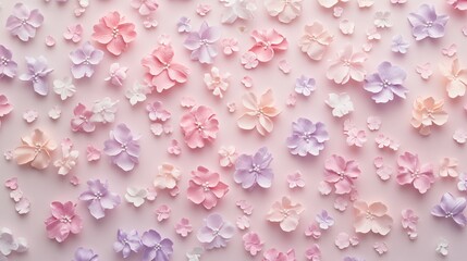 Obraz premium Scattered floral patterns in pastel pink and pale lavender plain background