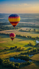 Obraz premium Colorful hot air balloon soaring over a peaceful landscape.