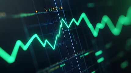 Green Line Graph Displaying Financial Trends on Digital Screen with Glowing Elements and Dark Background