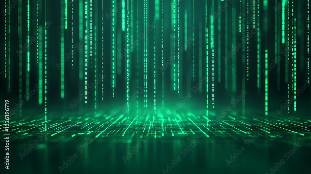 Poster Green Matrix Style Background with Vertical Lines and Glowing Binary Code in a Digital Environment