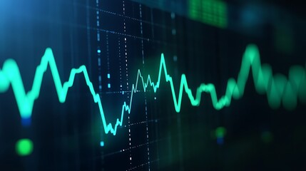 Green Line Graph Displaying Fluctuations in Financial Data on a Dark Background with Glowing Effects