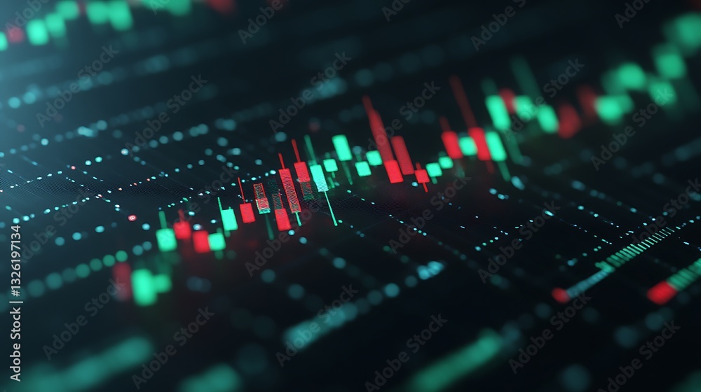 Poster modern digital stock market data visualization with colorful candlestick patterns and chart elements