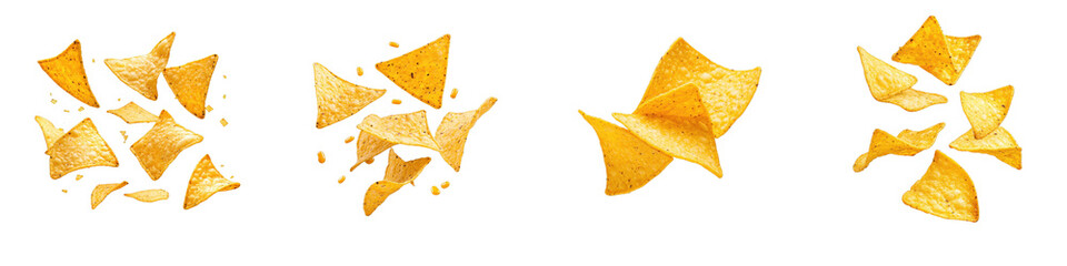 A collection of broken tortilla chips scattered in various sizes and orientations, showcasing their crispy texture and golden color.