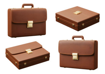 3d isolated brown leather suitcase icon, multiple angles