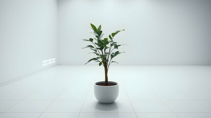 Fototapeta premium A potted plant with thin leaves stands centered in a bright, empty room with white walls and a white floor.