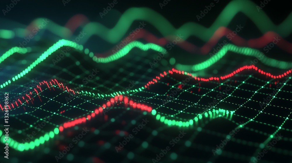 Poster vibrant 3d visualization of data points in green and red flowing lines on a digital grid for technol