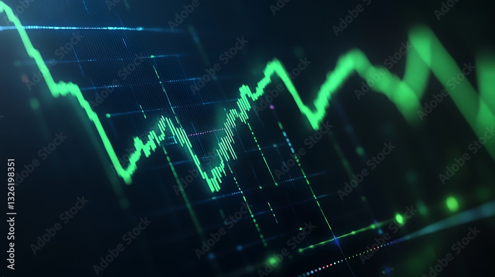 Poster vibrant abstract financial data visualization with green graph lines and chart elements on digital b