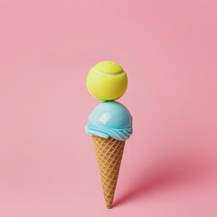 An ice cream topped with a tennis ball, combining the joy of a delicious treat with the thrill of summer sports.
