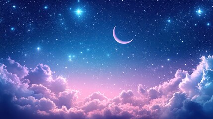 Naklejka premium Serene Night Sky with Moon and Colorful Clouds at Dusk