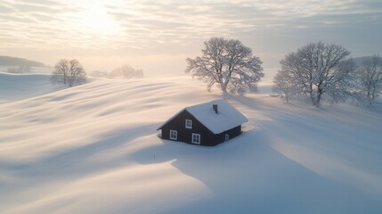 Secluded Winter Cabin on Snow Covered Hillside at Sunrise