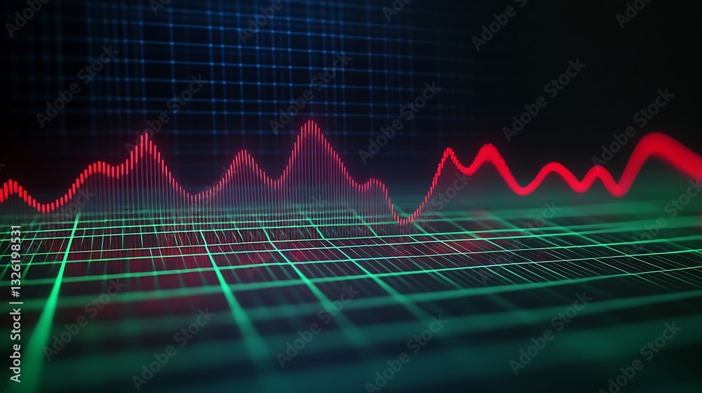 Poster vibrant digital data visualization with red and green graph lines on abstract background