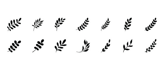 Simple summer, spring branches with leaves. Botanical elements. Floral branch set. Minimalist black silhouette. Flower logo design element. Elegant twig decoration set. Plant icons. Hand drawn black l