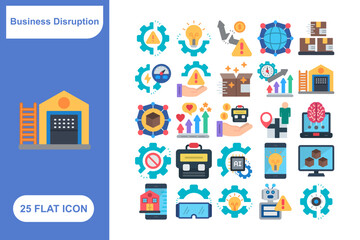 Business Disruption Flat Icon Set, Collection of 25 Business Disruption Flat Icon Set – 25 Crisis, Change, and Strategy Icons
