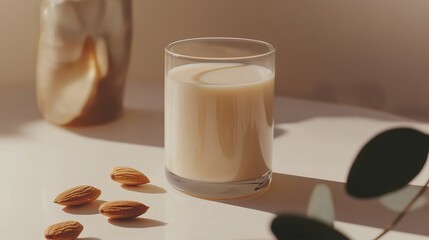 Organic Almond Milk in a Clear Glass with Whole Almonds on a White Surface, Highlighted by Soft Natural Light and Smooth Texture.