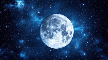 Obraz premium Majestic Full Moon Illuminating Starry Night Sky in Deep Blue