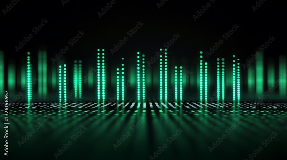 Poster vibrant green sound wave visualization with bright dots and dynamic patterns on dark background