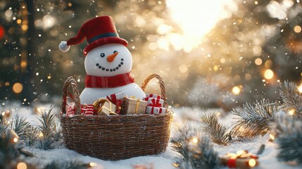 Obraz premium Cheerful Snowman in Winter Scene with Gifts and Festive Lights