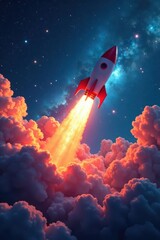 Laptop emitting rocket amidst swirling nebula clouds, rocket, glow, screen