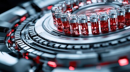 Futuristic laboratory setup with vials in a high-tech environment