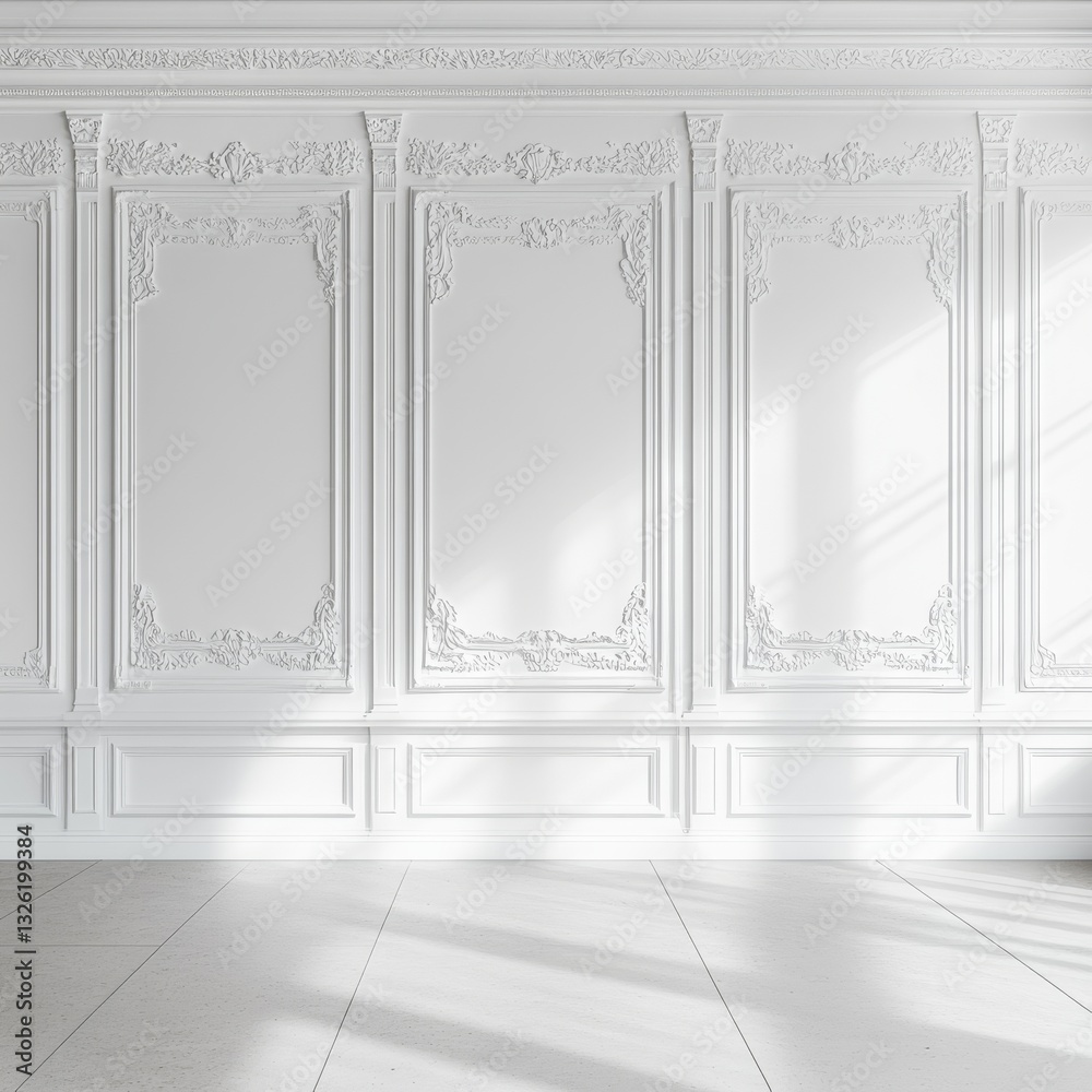 Aufkleber elegant white room with ornate wall paneling and subtle light play, creating a sophisticated interio