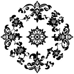 Ornate Black Floral Pattern: Symmetrical Design with Flowers, Swirls, and Leaves, a Flourishing Composition
