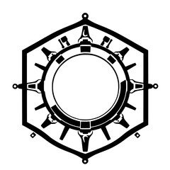 Obraz premium Black and White Geometric Emblem: A Circular Gear Within a Hexagon, Futuristic and Detailed, with Radial Elements