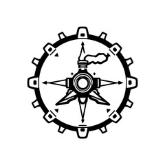 Intricate Steampunk Compass Rose within Gear Circle, Monochromatic Emblem, Directional Navigation and Industrial Aesthetics