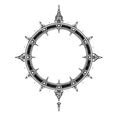 Ornate Black and White Circular Ornamental Design, Geometric, with Spikes and Detailed Edges, Isolated on White Background.