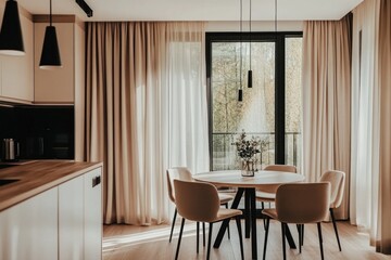 Fototapeta premium Modern kitchen dining area with large windows, beige curtains, round table, and four chairs.
