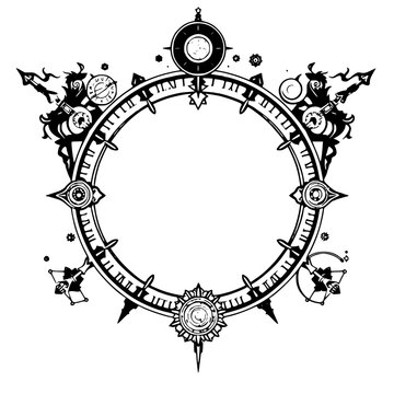 Ornate, circular frame design featuring clocks, stylized mythical creatures, and celestial elements in grayscale.
