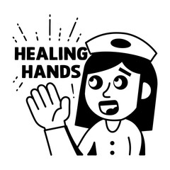 A glyph sticker of a medical nurse with healing hands typography 